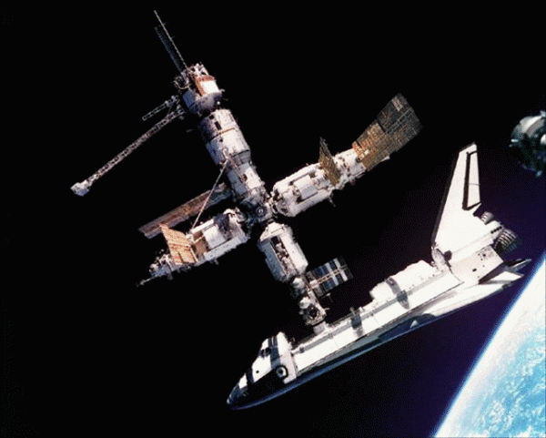 Picture of Shuttle docked to Mir.