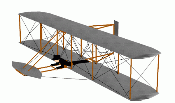 Computer animation of the Wright 1902 aircraft showing the nose moving side to side. 