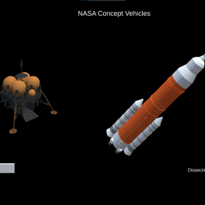 Two 3D models—a lunar surface module and the Space Launch System—are shown side by side in this screenshot.